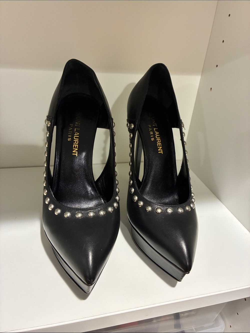 Saint Laurent Janis Black Leather Pointed Heels with Silver Stud Trim